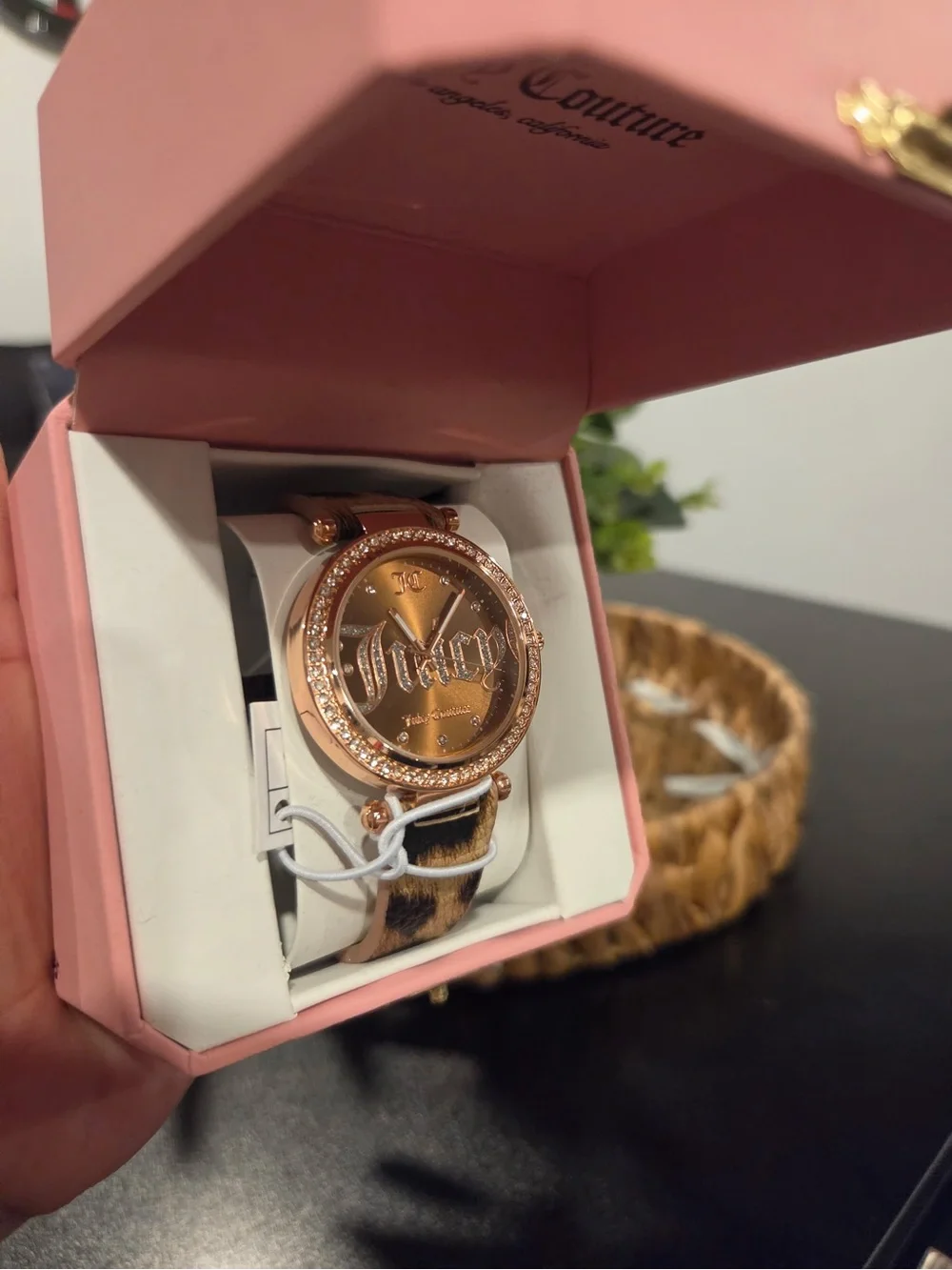 Juicy Couture Rose Gold Dial Crystal Bezel Watch with Leopard Strap